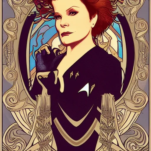 Image similar to star trek Captain Kathryn Janeway art nouveau, amazing details, intricate details ,insane details , in the style of Alphonse Mucha,