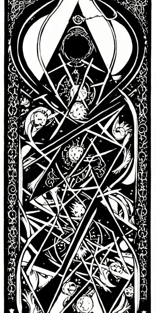 Prompt: a beautiful black and white fractal tarot card featuring bold occult imagery with clean lines. female demon.
