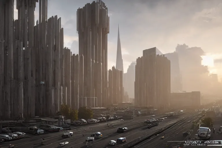 Image similar to streetscape, a towering cathedral of brutalist architecture, buildings covered with greebles, stunning volumetric light, sunset, metal, concrete and translucent material, stunning skies, majestic landscape, trending on Artstation, 8k, photorealistic, hyper detailed, unreal engine 5, IMAX quality, cinematic, epic lighting, in the style of Greg Rutkowski