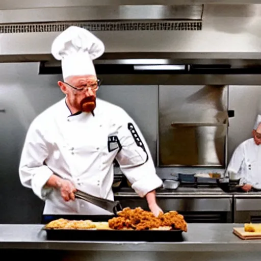 Image similar to Walter White as a chef making fried chicken in a kitchen