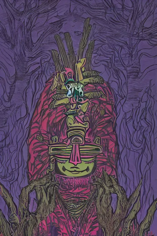 Prompt: an aztec sorcerer casting a powerful spell in a dark forest, by jamie hewlett, ultra hd, hd, 4 k, highly detailed, small details, vaporwave colors, faded effect, 9 0 s vibe, detailed face, perfect face,