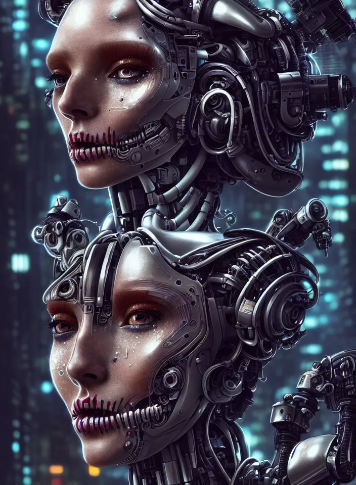 Image similar to beautiful crying! female mechanical android!, half portrait, intricate detailed environment, photorealistic!, octane render, concept art, cinematic, interstellar, ultra detailed, sharp, el dia los muertos!, cyberpunk, bladerunner, 8 k, by angus mckie, moebius, maciej kuciara, stanley lau, artgerm, greg rutkowski