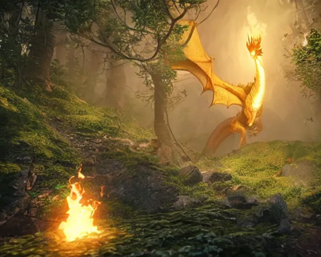 Prompt: A dragon, breathing fire, in a fantasy forest. Fantasy Demo in Unreal Engine. Beautiful glow off the fire. Terrifying dragon with bright eyes.