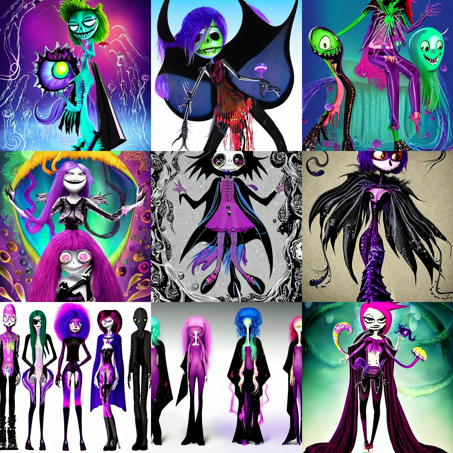 Prompt: lisa frank gothic emo punk vampiric rockstar vampire squid with transparent jellyfish skin character designs of various shapes and sizes by genndy tartakovsky and the team behind tim burtons nightmare before christmas for the new hotel transylvania film starring a vampire squid kraken monster rockstar wearing a bat shaped poncho cape with platform shoes