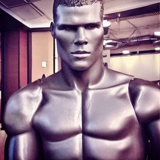 Image similar to “a realistic detailed photo of a guy who is an attractive humanoid who is half robot and half humanoid, who is a male android, basketball player Blake Griffin, shiny skin, posing like a statue, blank stare”