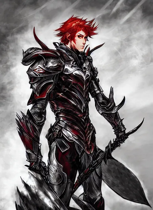 Image similar to Half body portrait of a handsome red haired elven prince with dragon eyes in light armour and a spear. In style of Yoji Shinkawa and Hyung-tae Kim, trending on ArtStation, dark fantasy, great composition, concept art, highly detailed.