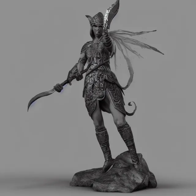 Image similar to marble sculpture of a warrior elf, realistic, unreal engine render, octane render, hyper realistic, photo, 8 k, cinematic lighting