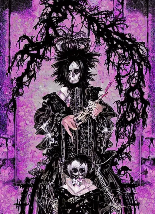 Prompt: baroque bedazzled gothic royalty frames surrounding a pixelsort emo demonic horrorcore Japanese Edward Scissorhands, chromatic aberration, sharpened VHS footage