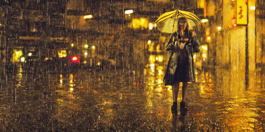 Prompt: a girl in a yellow raincoat, standing in the rain, holding a flower, night, tokyo street, raining , wet, artstation, cgsociety, depth of field, bokeh, neon lights