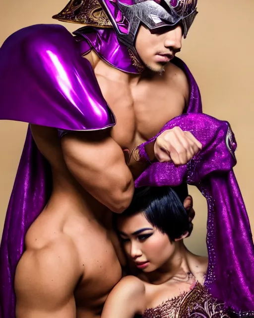 Image similar to photoshoot of a beautiful indonesian woman and handsome incredibly muscular indonesian man, both have short hair and elf ears and both wear a purple futuristic armored superhero costume, photorealistic