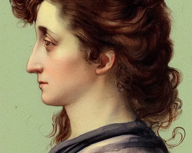 Image similar to colored portrait. a very unique profile, seen from the side, medium shot, of a woman's profile, with sharp face, a straight and very long nose, and huge prominent eyes. her hair is curly. old photograph. sharp image. watercolor. highly detailed, color harmony, art station, ornate, caravaggio style. old photography