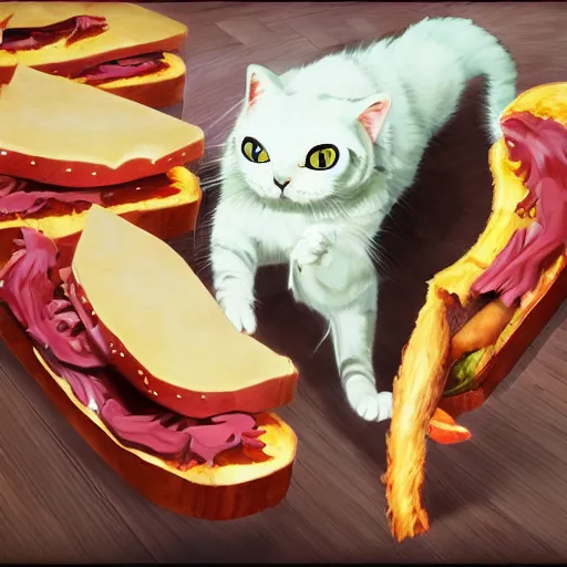 Image similar to deeply scared cat running away from the giant carnivorous sandwich, artstation hq, dark phantasy, stylized, symmetry, modeled lighting, detailed, expressive, true unsimulated emotions, created by hayao miyazaki