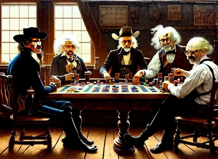 Prompt: in an old west saloon isaac newton and stephen hawkins and albert einstein playing poker, intricate, highly detailed, centered, digital painting, artstation, concept art, smooth, illustration, muted colors, art by norman rockwell and greg rutkowski and james gurney chuck close