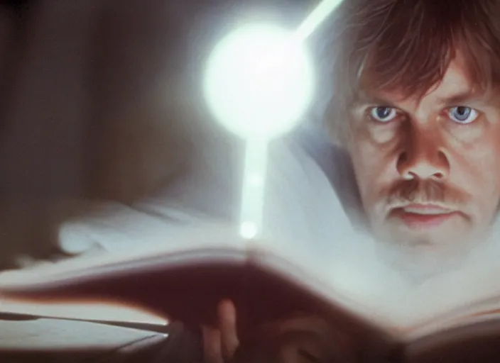 Image similar to single portrait of Luke skywalker uncovering the glowing book of ancient jedi texts. a hazy ethereal ancient temple, screenshot from the 1983 film, Photographed with Leica Summilux-M 24 mm lens, ISO 100, f/8, Portra 400, kodak film, anamorphic lenses