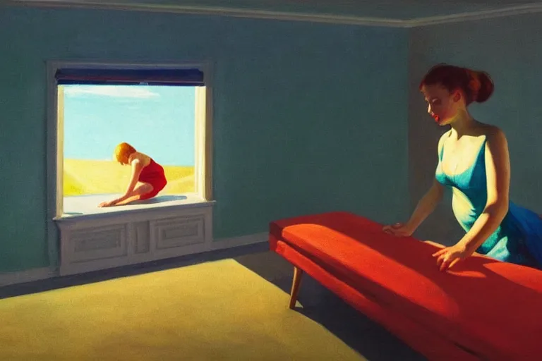 Prompt: twitch streamer is trying to take sunbath, picture in style of Edward Hopper,