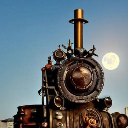 Image similar to steampunk train flying towards the moon