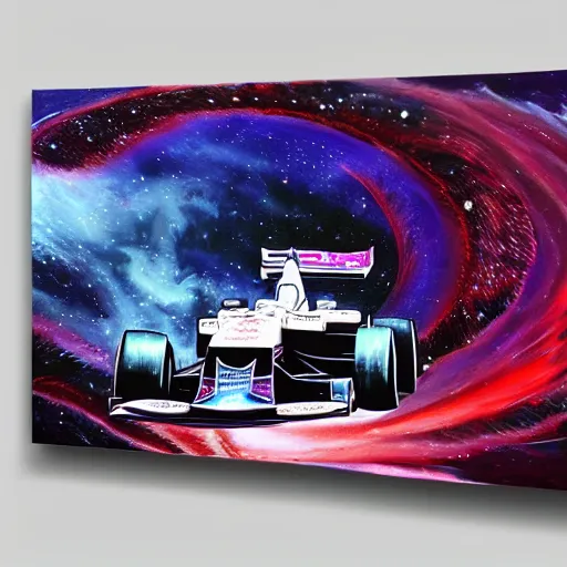 Image similar to a painting of a formula 1 car in a cosmic scenic environment by Android Jones, trending on Artstation, nebula, stars, planets, hyperdetailed