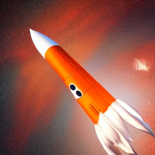 Image similar to orange and white rocket flying through the sky, a digital rendering by christopher moeller, shutterstock contest winner, space art, ue 5, redshift, uhd image