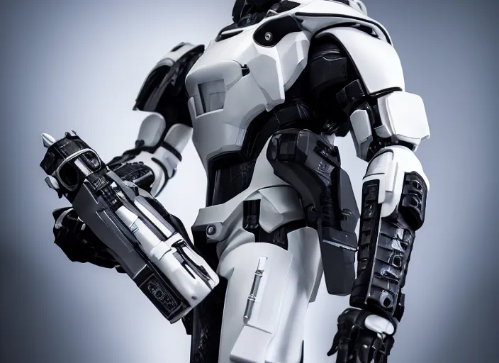 Image similar to cinematic photoshoot of clean modern hand crafted super futuristic tech soldier with exo suit pro display xpr luxury smooth color metal white silver with black leather padding well design ultrareallistic detailed high quality 8 k photorealistic ultra realistic