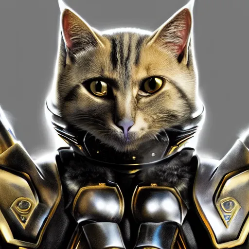 Image similar to humanoid with cat-like features in futuristic armor, yellow eyes, teeth that protrude past the lower lip and fine grayish fur on their faces and backs of their hands and carrying weapons,