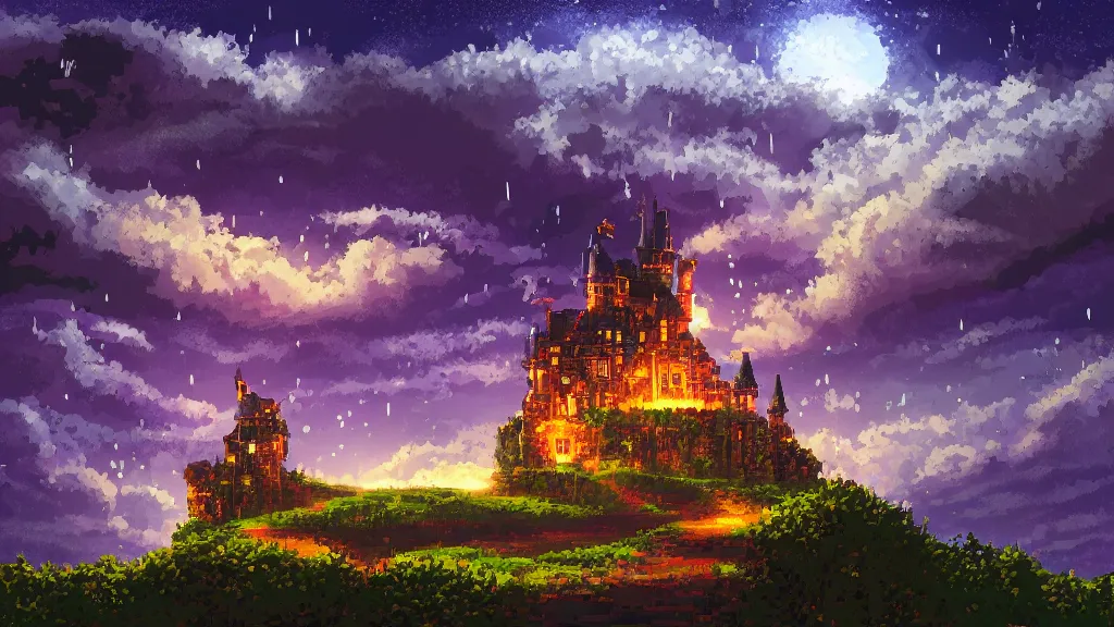 Image similar to ドット絵 and Pixel Art, Dark old fantasy castle on the hill, night cloudy sky, rain, lighting, thunder painting, Alchemy, Fantasy, 8 bit game, Pixel art background