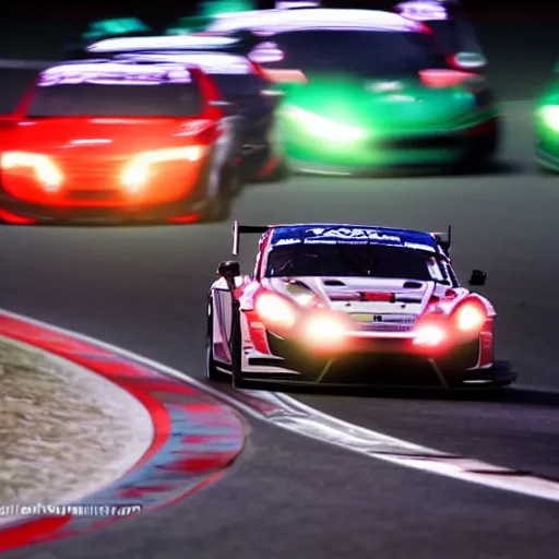 Prompt: Start of a GT3 race at Suzuka during night, cinematic, realistic