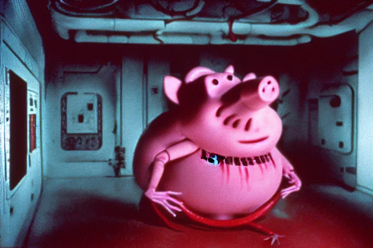 Image similar to peppa the pig infected by xenomorph from movie alien 1 9 7 9, staying at nostromo spaceship. extreme long shot, cinestill, giger, hermann nitsch, dark colors