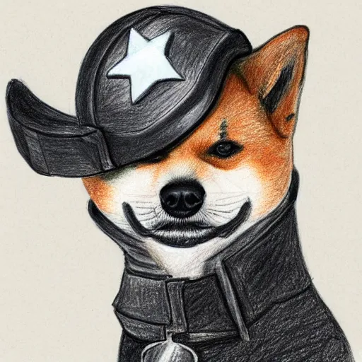 Image similar to A drawing of a Shiba Inu dog wearing a soldier's helmet, color