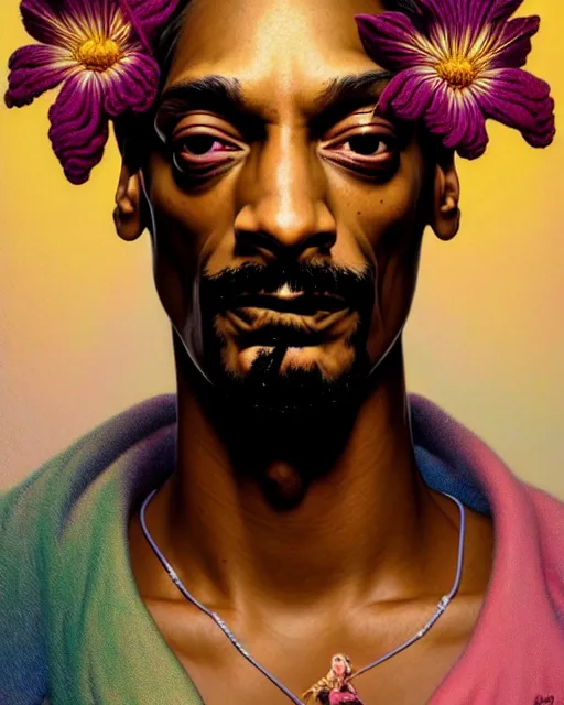 Image similar to closeup portrait snoop dogg, wearing a flower bikini, beautiful siren succubus, intricate, beautiful flowers, hyperrealism, intense, dmt, artgerm, moebius, glamour pose, arney freytag, greg rutkowski, maxfield parrish, dan mumford, moebius, alphonse mucha