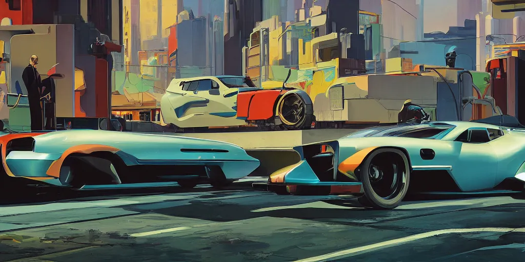 Prompt: art style by Ben Aronson and Edward Hopper and Syd Mead, wide shot view of the Cyberpunk 2077, on ground level. full view of the Tata Tamo Racemo with wide body kit modification and dark pearlescent holographic paint, has gullwing doors open.