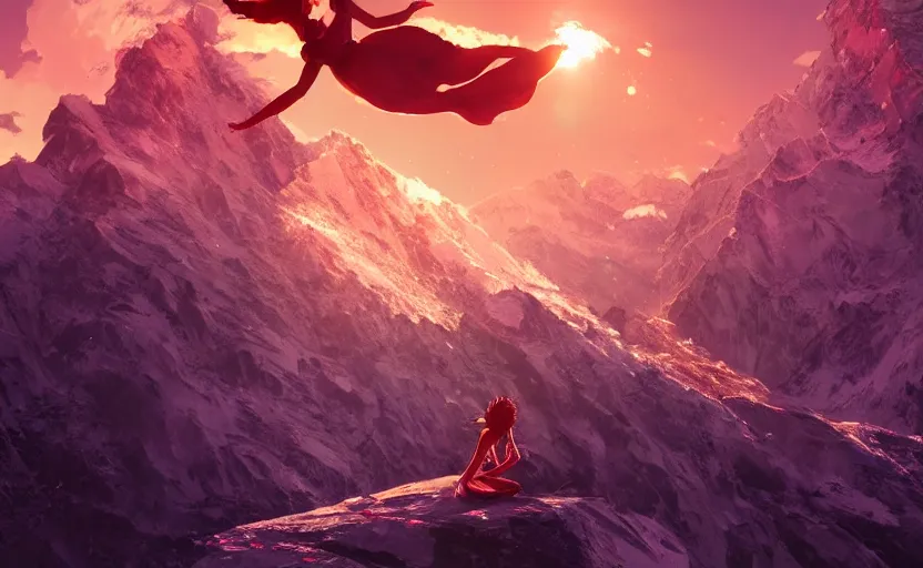 Prompt: Himalayan in a crystallized temple, beautiful flowing fabric, sunset, dramatic angle, dynamic pose, 8k hdr pixiv dslr photo by Makoto Shinkai ilya kuvshinov and Wojtek Fus