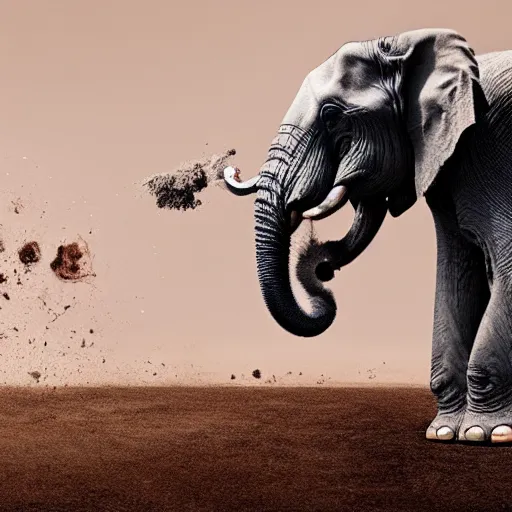 Image similar to an elephant falling apart and crumbling to dust to the air, photorealistic