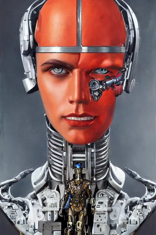 Image similar to futurist half human half robot soldier, art by leyendecker, head and shoulders portrait, blood, cyberpunk, cybernetic implants, warrior face paint, flower ornament in the background, very intricate, award winning, extreme details