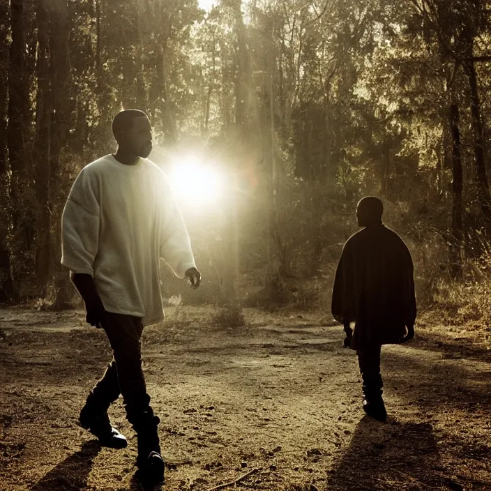 Prompt: A photo of Kanye West walking with spirits, by Annie Leibovitz. Kodak Portra 800 film. Depth of field. whirl bokeh. Melancholic. detailed. hq. realistic. warm light. Filmic. Dreamy. lens flare. Leica M9, f/1.2, symmetrical balance, in-frame
