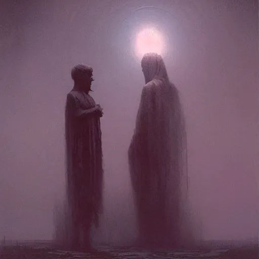 Prompt: a giant talking to miniscule human, by greg rutkowski + beksinski, atmospheric, cinematic, dramatic colors, horror