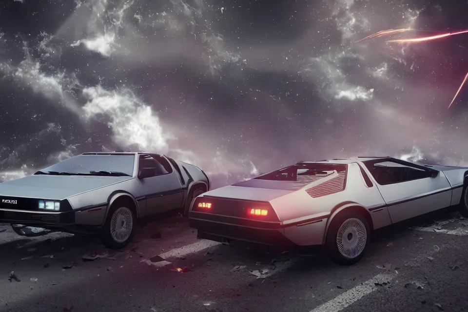 Image similar to ultra realistic delorean dmc 5 and mazda rx 7 do parallel drift on road wreckage orbiting earth in space, dark cinematic, volumetric, realistic, 3 d render, realistic render, cinematic lighting, volumetric lighting, atmospheric, cinematic, unreal engine 5, unreal engine render, octane render, hd, photorealism, hyper realistic, 8 k