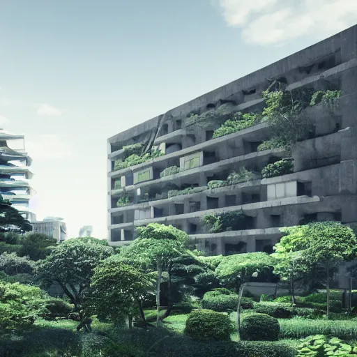 Prompt: brutalist architecture surrounded by nature, vegetation integrated into buildings, japan, octane render, high detail, 4 k