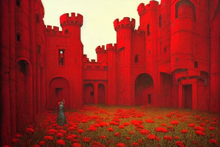 Prompt: only with red, red flowers, a crimson tiger, a castle in the background, medieval demons, an ancient path in the style of beksinski, part by hopper, part by rodcenko, part by hofbauer, intricate composition, red by caravaggio, insanely quality, highly detailed, masterpiece, red light, artstation