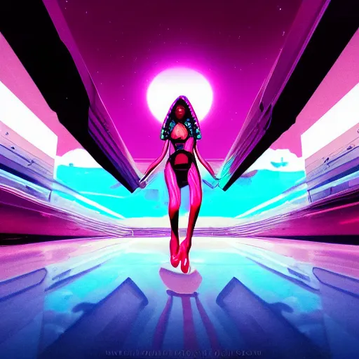 Image similar to A wide angle shot from below of a feminine body walking with swagger towards camera on mars in an infinite universe , synthwave digital art