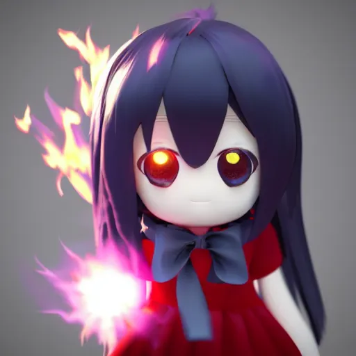 Image similar to cute fumo plush of a girl with pyrokinetic energy, angry, fire lens flare, vray