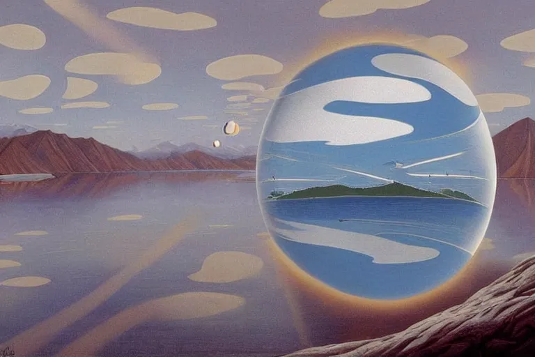 Image similar to a giant floating sphere covered in canadian aboriginal patterns!! hovering above a Yukon lake, (painted by Ralph McQuarrie), matte painting, concept art