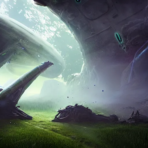 Prompt: the land reclaims a crashed space frigate, alien life, in the style of James Chadderton, ectoplasm, giant creatures roam, natural lighting, low angle camera, unreal engine