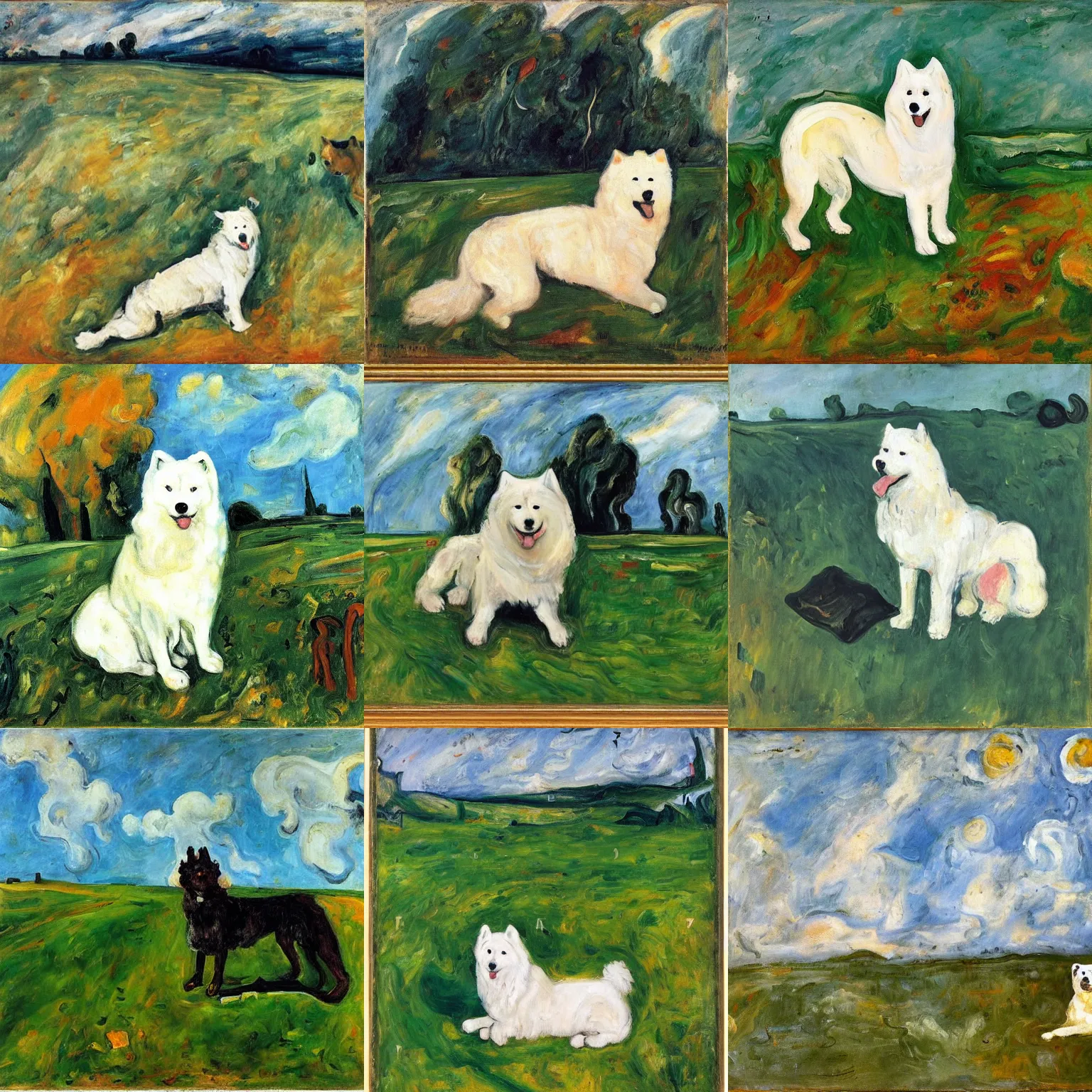 Prompt: a samoyed dog sitting in the middle of sunny meadow, by chaim soutine