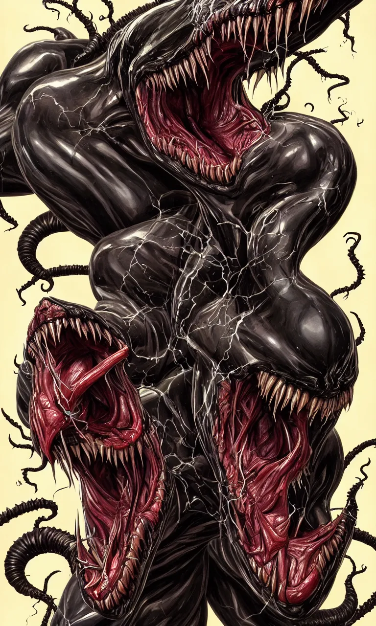 Image similar to hyper realistyc anatomically acurate full body long shot venom from marvel comics!!!!, large mouth with teeth, lovecraftian horror, fantasy, intricate, elegant, highly detailed, digital painting, artstation, concept art, matte, sharp focus, illustration, art by glenn fabry