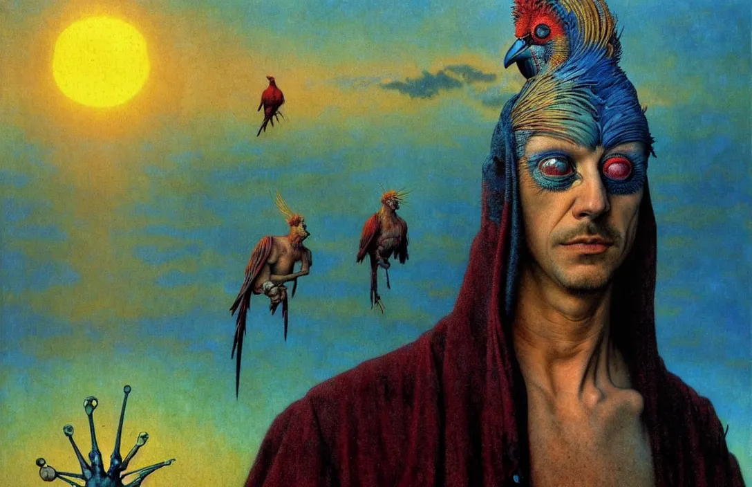 Image similar to realistic detailed portrait movie shot of a birdman wearing dark ragged robes, sci fi city sunset landscape background by denis villeneuve, amano, yves tanguy, alphonse mucha, ernst haeckel, max ernst, roger dean, masterpiece, rich moody colours, bird head, blue eyes