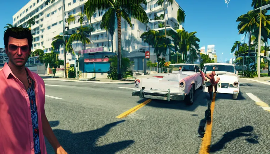 Image similar to in the streets of miami in the style of gtav, full - frame of tommy vercetti, wearing a hawaiian - shirt, as a character from gtav, looking at camera