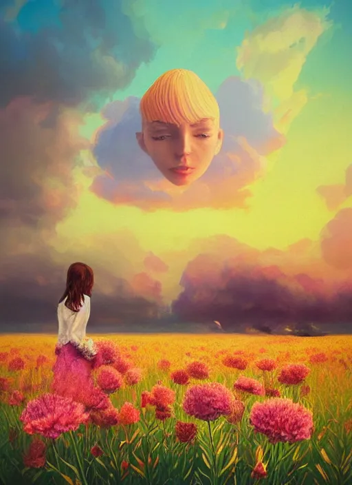 Image similar to portrait of a woman, face made of giant carnation, flower field, surreal photography, sunset dramatic light, impressionist painting, colorful clouds, large sky, digital painting, artstation, simon stalenhag