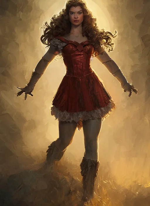 Image similar to beautiful female dorothy gale, rebecca romijn as dorothy, full body character concept, covered in full iron armor, armor plating, art nouveau, super powers, fantasy, intricate, elegant, highly detailed, digital painting, artstation, concept art, shining, sharp focus, illustration, art by stanley lau