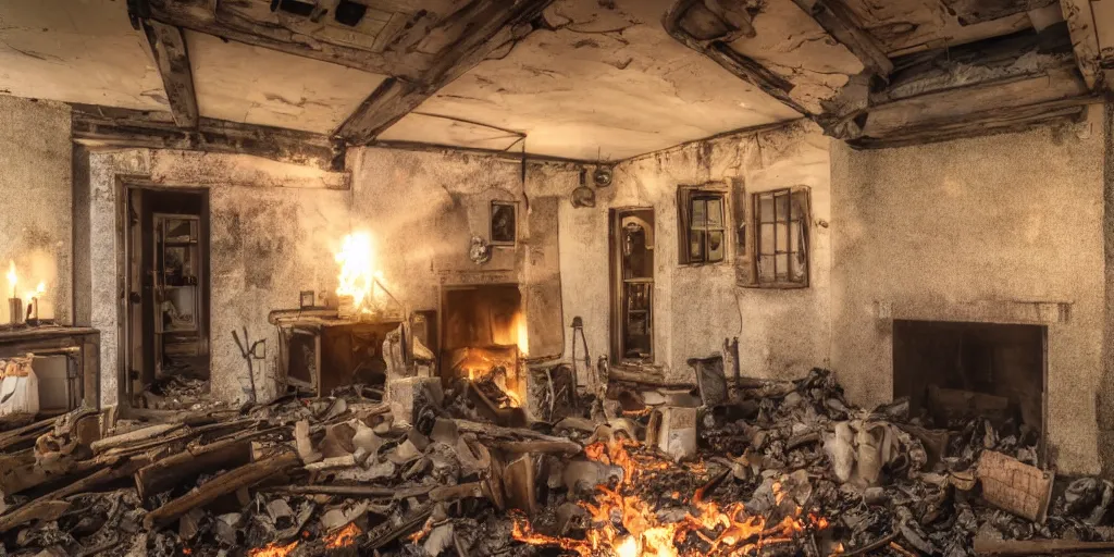 Image similar to an abandoned inn in dnd at dusk with a fire in a fireplace