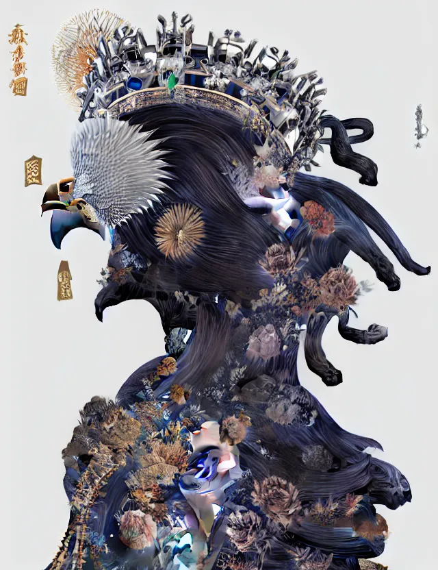 Image similar to 3 d goddess close - up profile portrait with crown, ram skull. beautiful intricately detailed japanese crow kitsune mask and clasical japanese kimono. betta fish, jellyfish phoenix, bio luminescent, plasma, ice, water, wind, creature, artwork by tooth wu and wlop and beeple and greg rutkowski